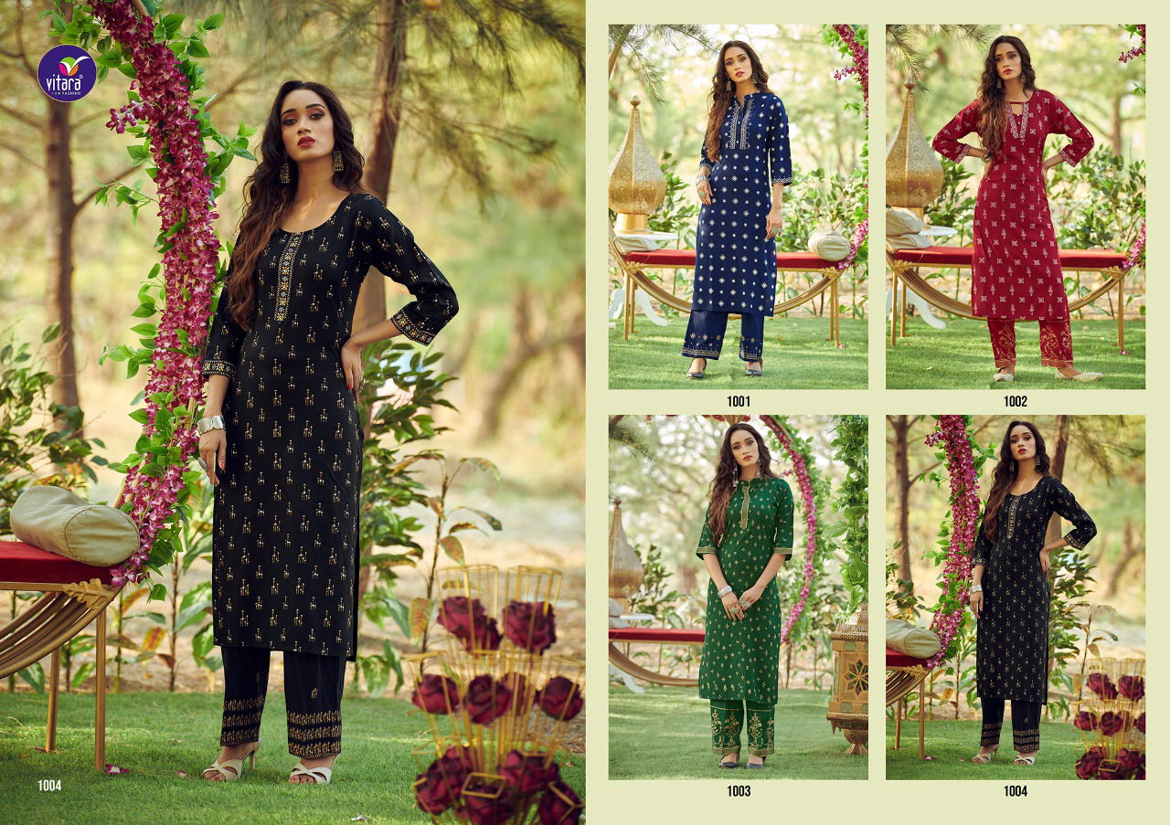 Vitara Marvel Latest Fancy Ethnic Wear Heavy Rayon Foil Printed Kurti With Bottom Collection
